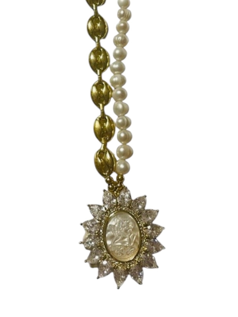 Melania Clare Gold and Pearl with Angel encircled by Crystals Necklace